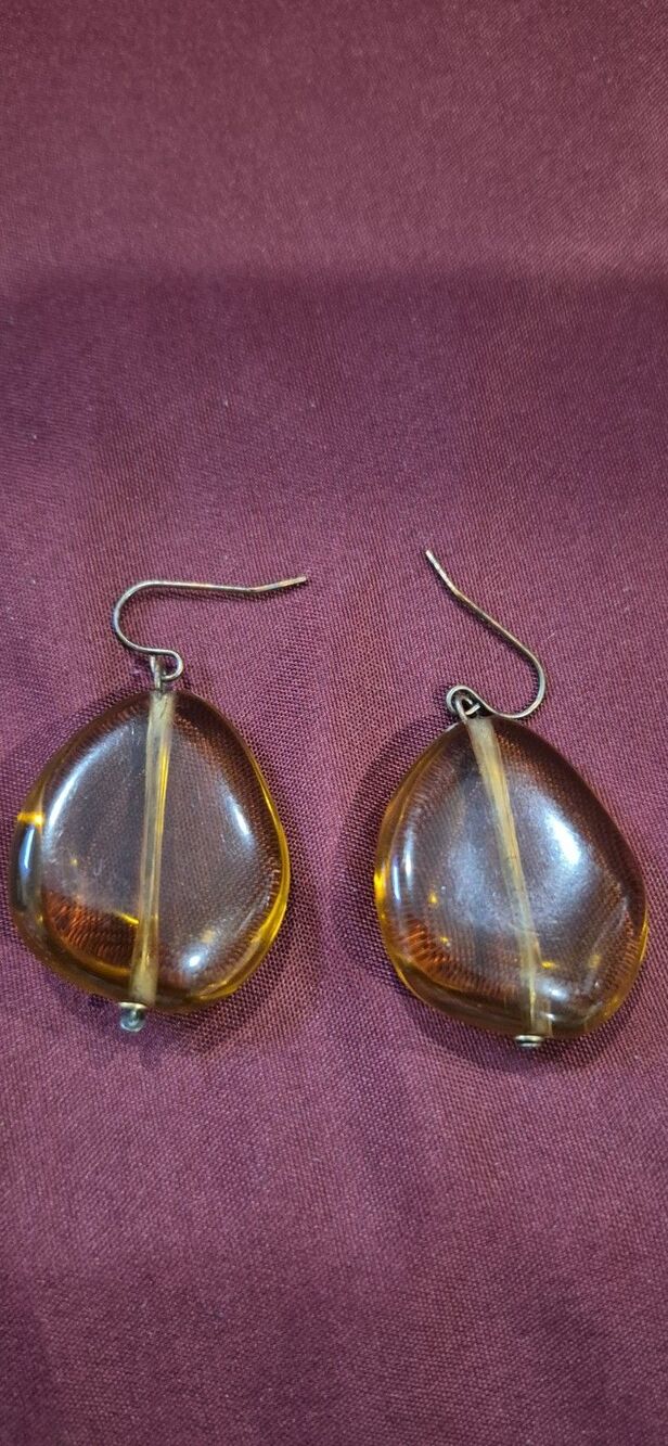 Vintage Amber Pebble Drop Earrings Honey Cognac Dangle 1.5” Large